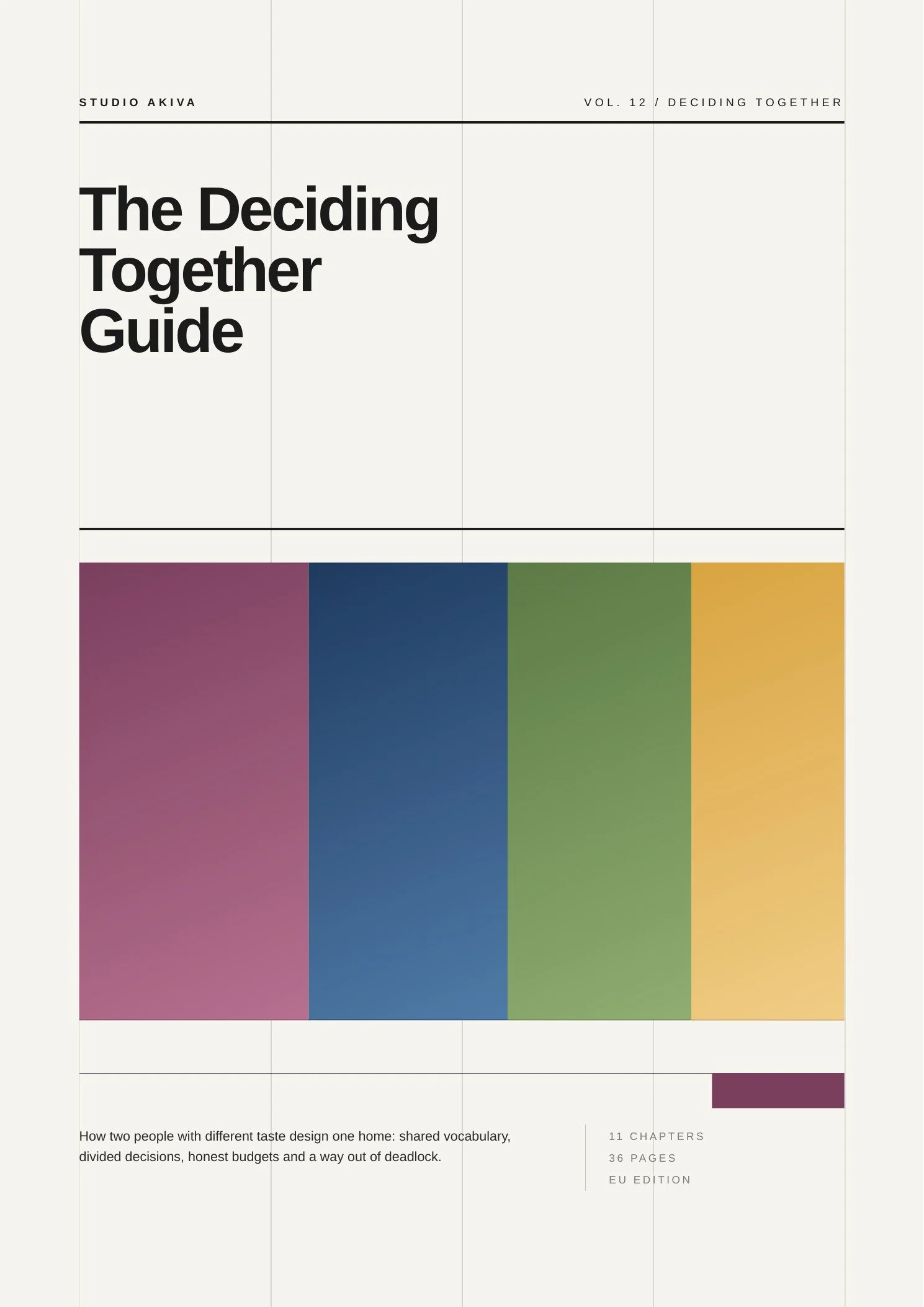 Cover of The Deciding Together Guide, Volume 12 of the Studio Akiva Guides, EU edition, 11 chapters, 36 pages.