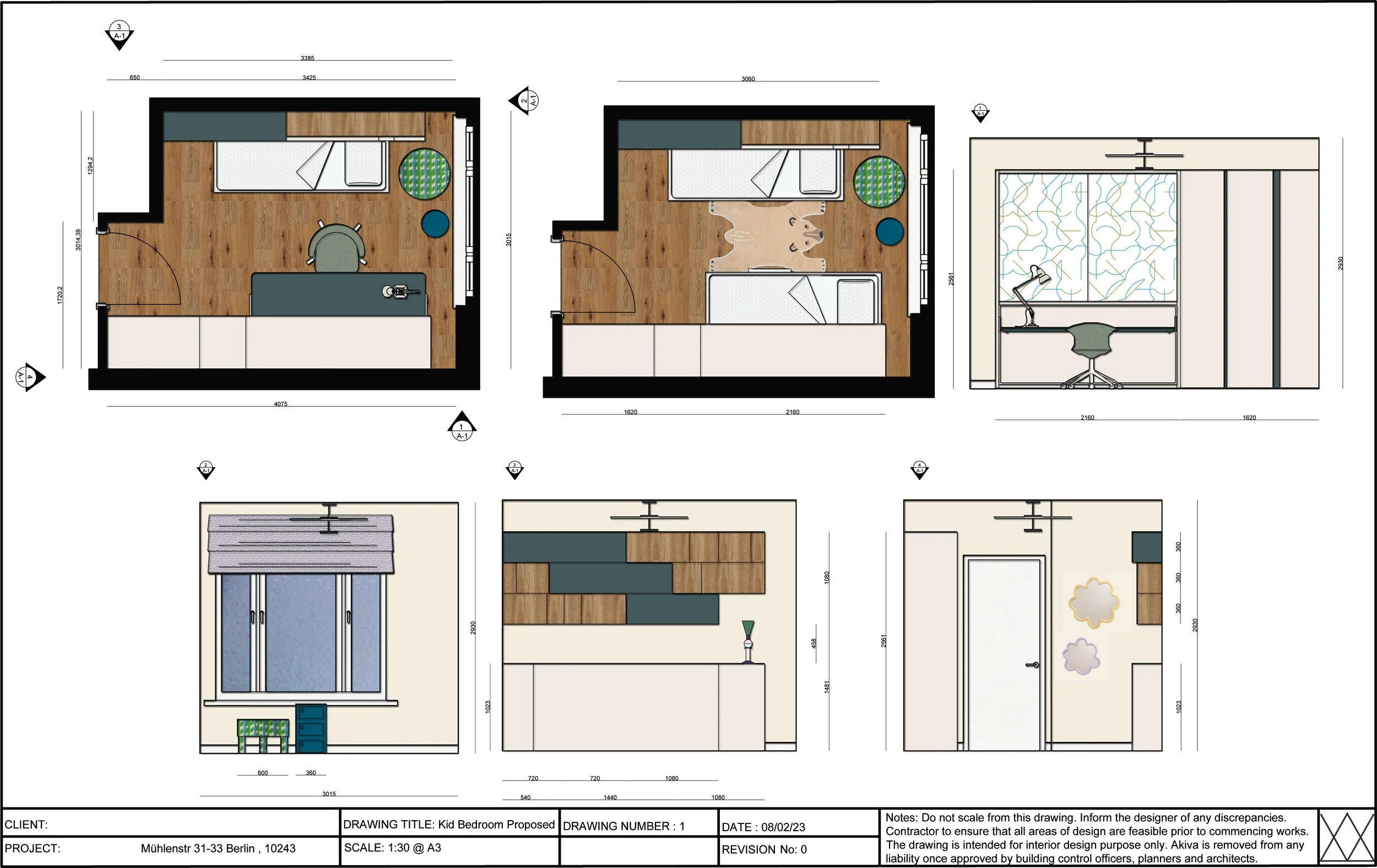 A technical floor plan of a children's room design with furniture, windows and dimensions in an architect's office, including additional elevation drawings.