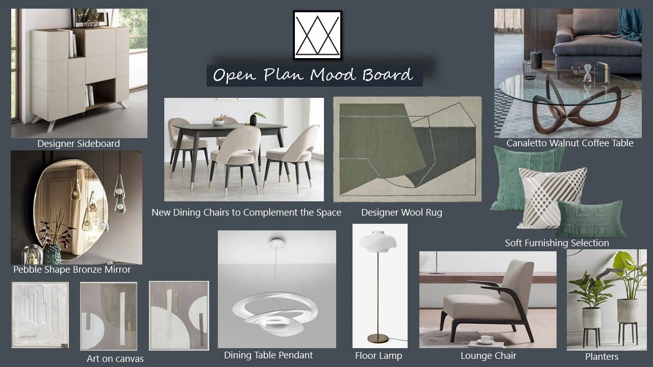 A mood board featuring furnishings for a modern home, including a designer side shelf, dining table with chairs, designer rug, walnut coffee table, pebble-shaped mirror, lighting fixture, floor lamp, lounge chair, plants, and decorative cushions.