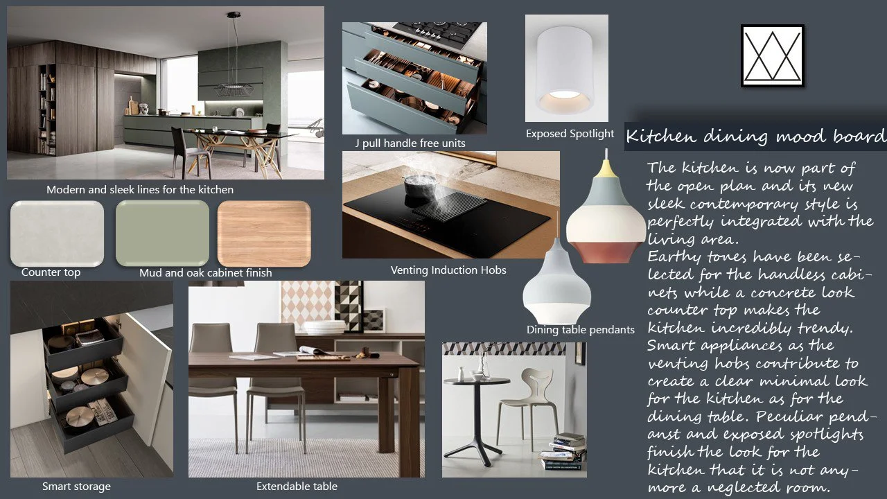 This image shows various elements of a modern, elegant kitchen design, including stylish cabinets, work surfaces, lighting, storage, dining tables and chairs, as well as usage patterns and color palettes.
