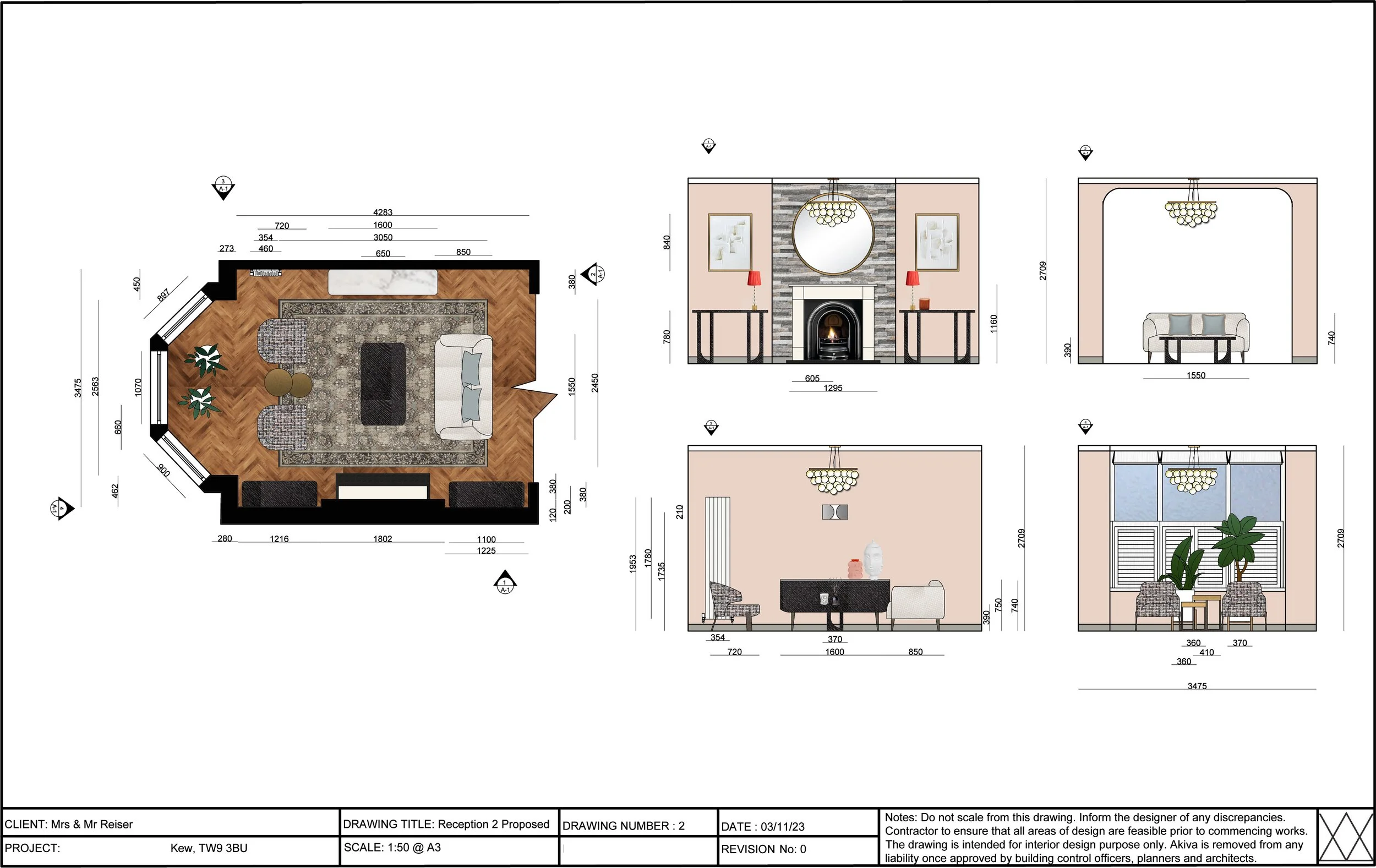 Interior plan of a house with a reception area, living room and various furnishing details
