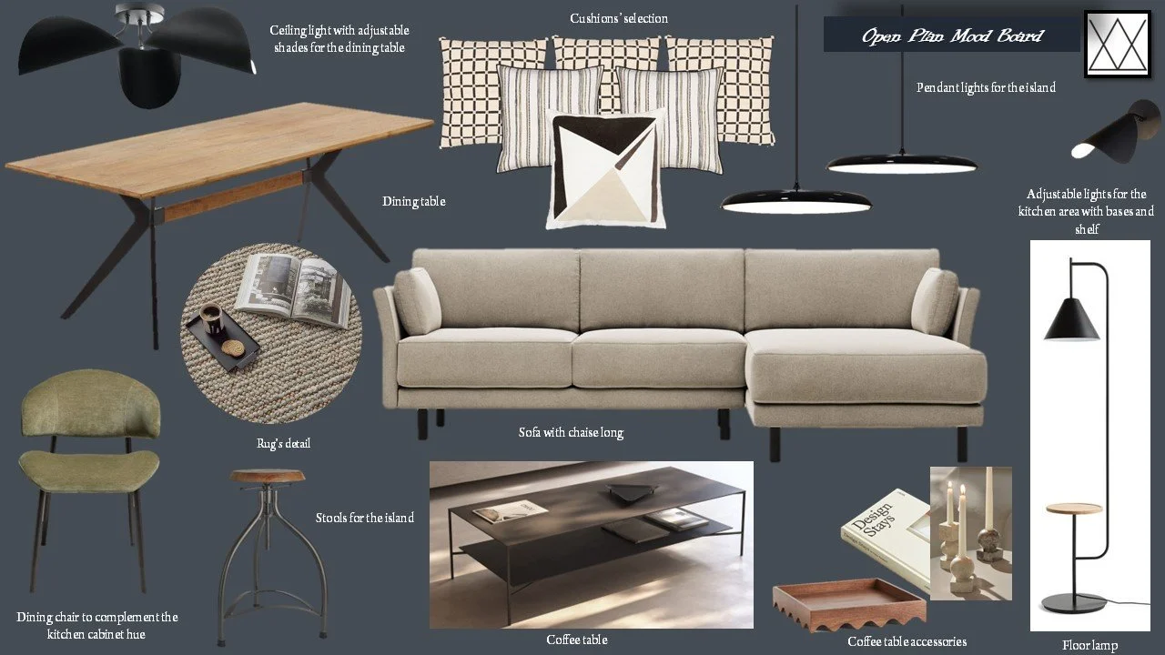 Interior design with living room furniture and decorations, including sofa, coffee table, dining table, chairs, various lamps, cushions, bath mat, decorative items and books.