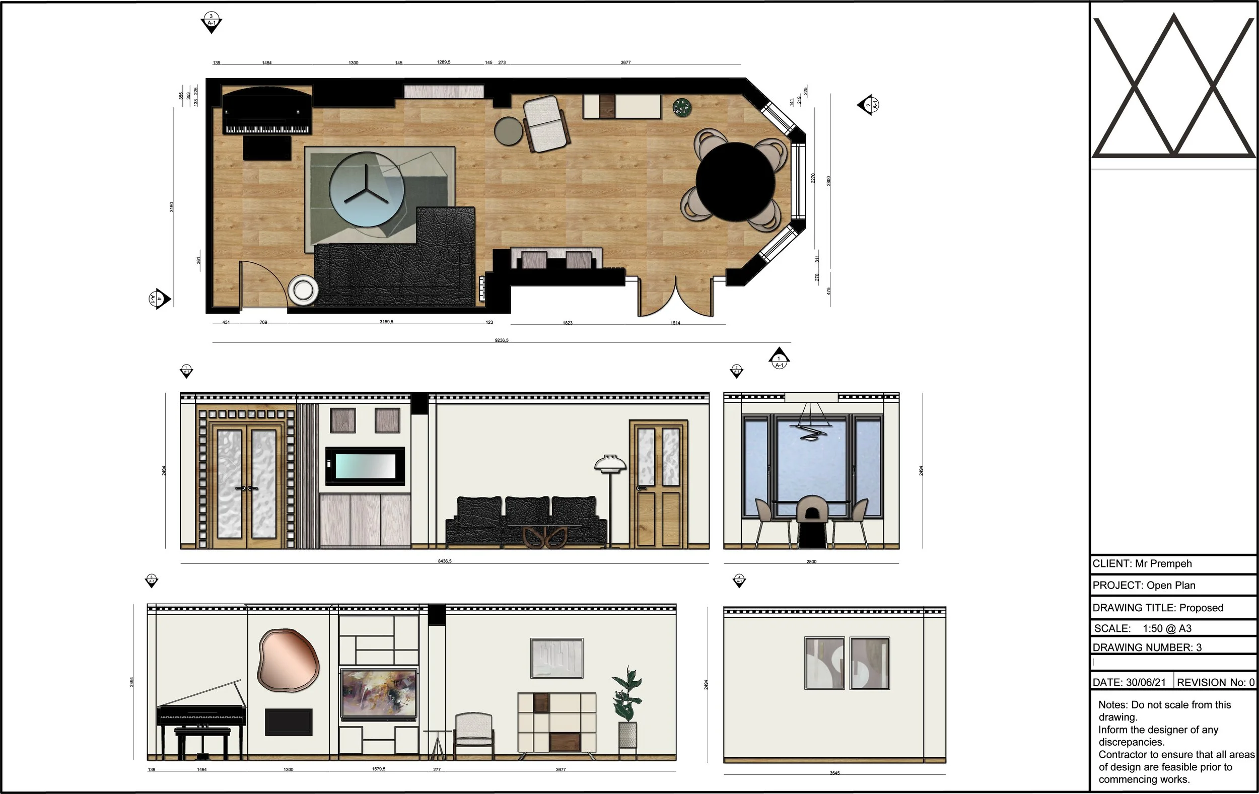 Architectural drawing of a house floor plan with various rooms, furniture, and detailed dimensions.