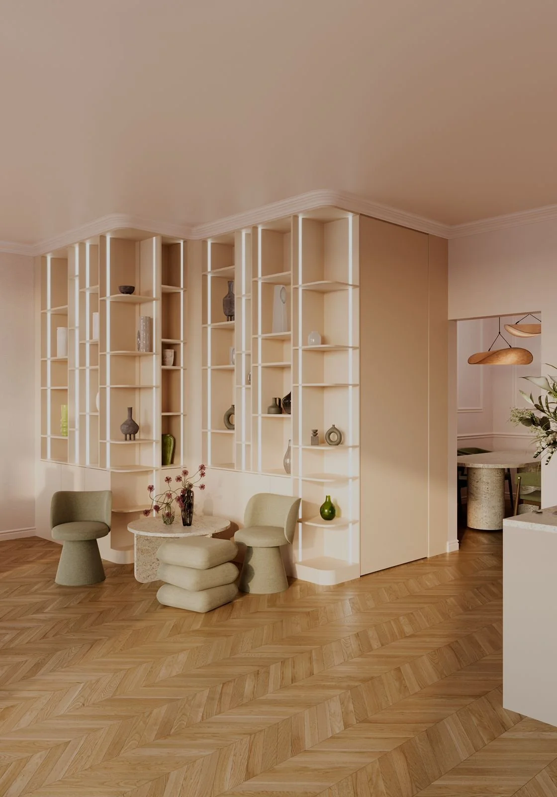 3D render of a living area with floor-to-ceiling cream shelving, sculptural stools and a low travertine table