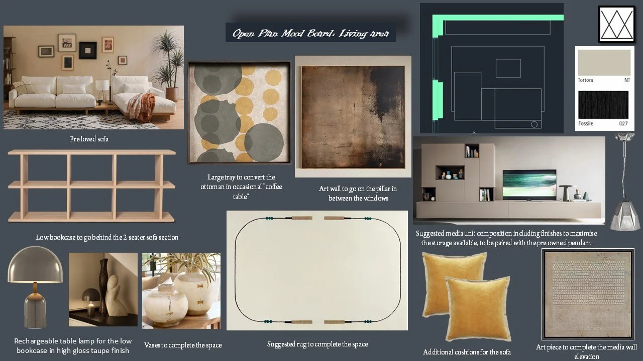 A living room design plan including furniture, color swatches, artwork, carpets, cushions, and decorative items.