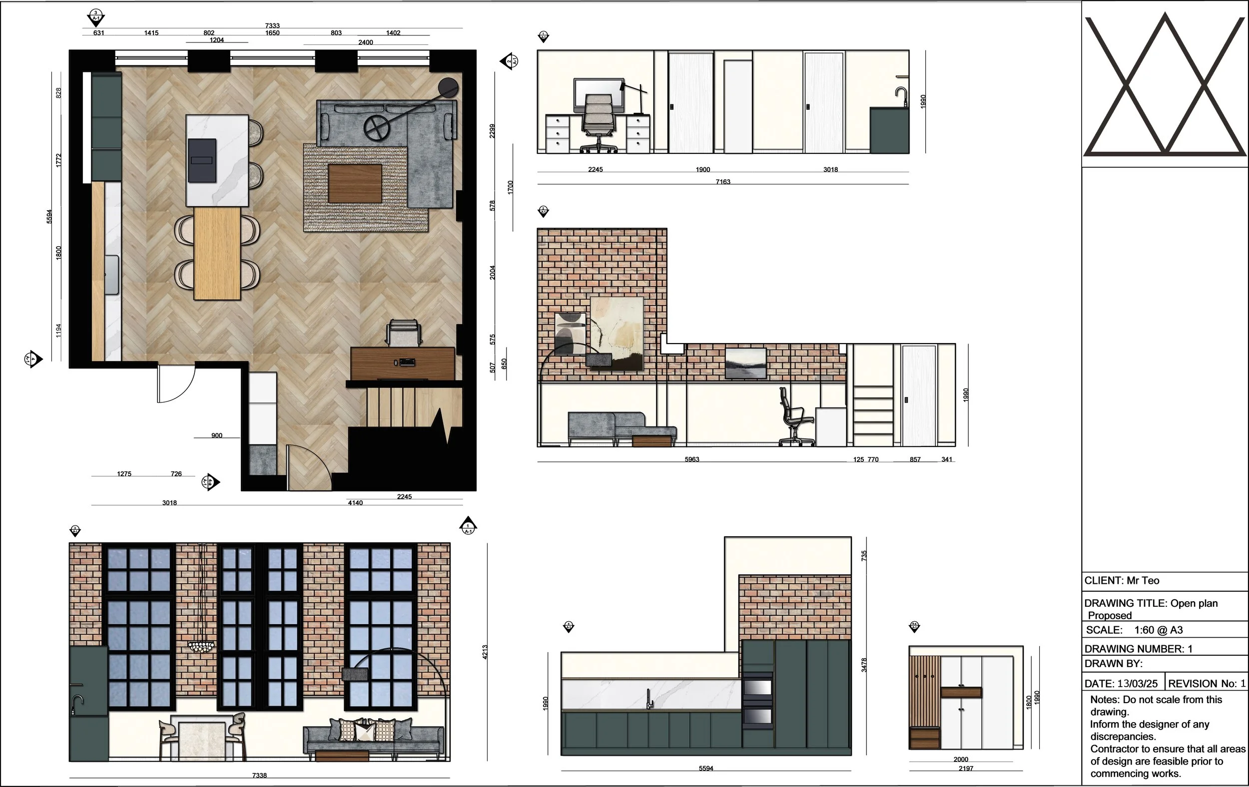 An architectural floor plan and views of a house with floor plans, front views and side views, including dimensions and details of the interior and exterior spaces.