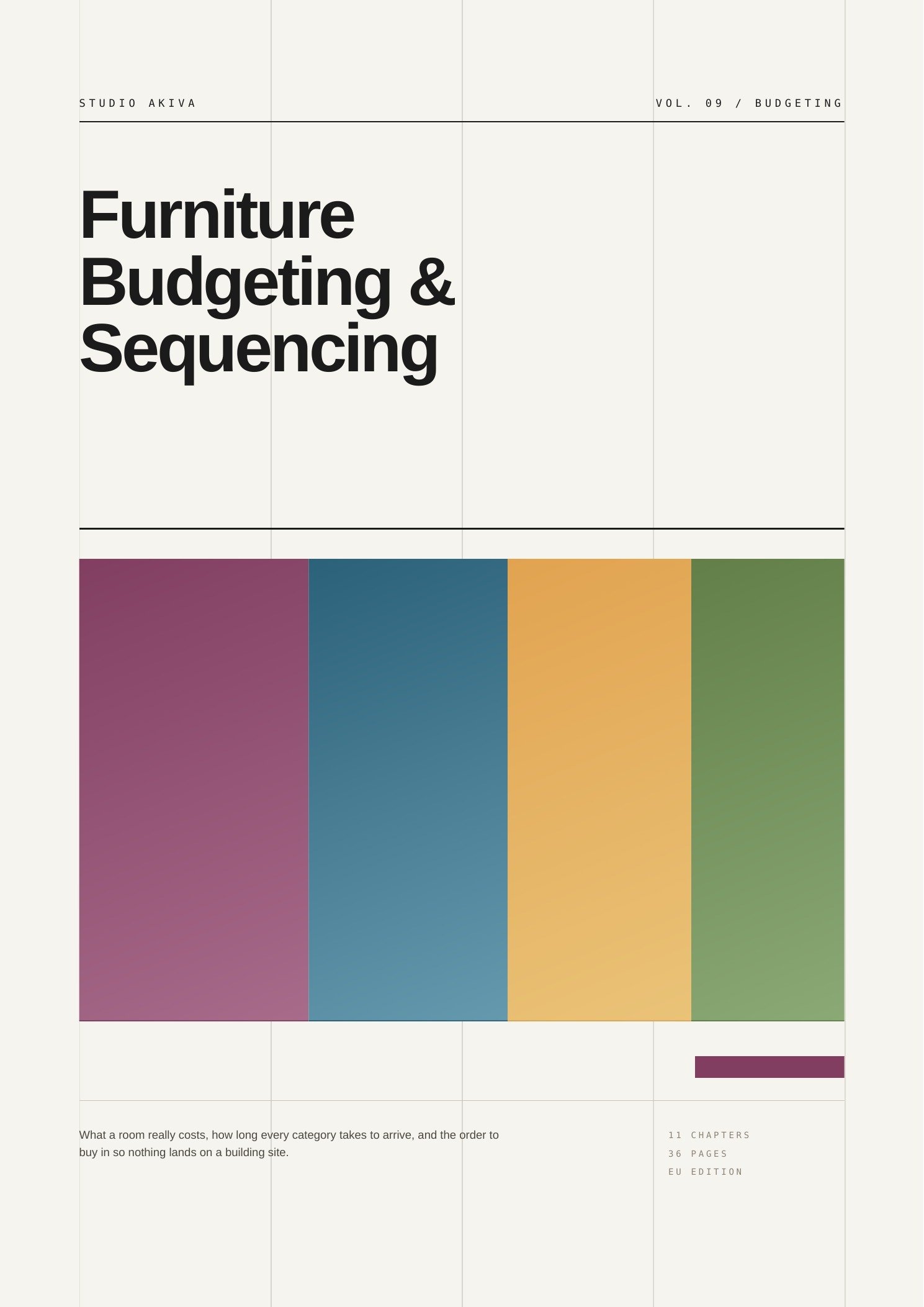 Cover of Furniture Budgeting and Sequencing, a 36-page furniture planning guide by Studio Akiva, EU edition, plum and slate Swiss editorial design