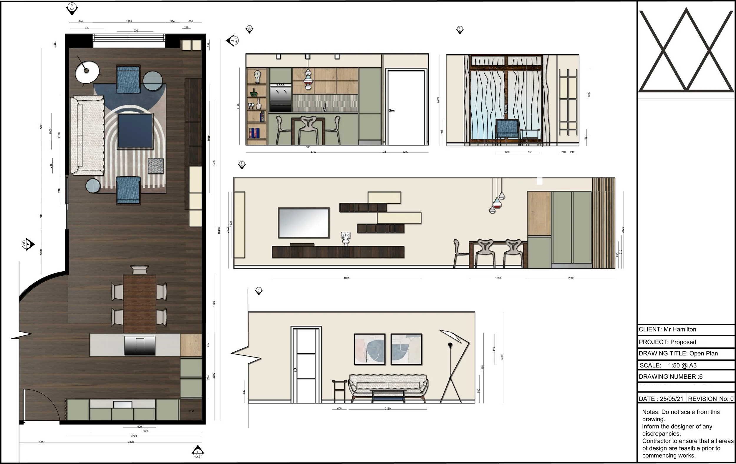 Floor plan of a house with various rooms, including a living room, kitchen, dining area, and bedroom, at a scale of 1:50 on A3 paper. The image includes dimensions, details of the room layout, and instructions for construction.