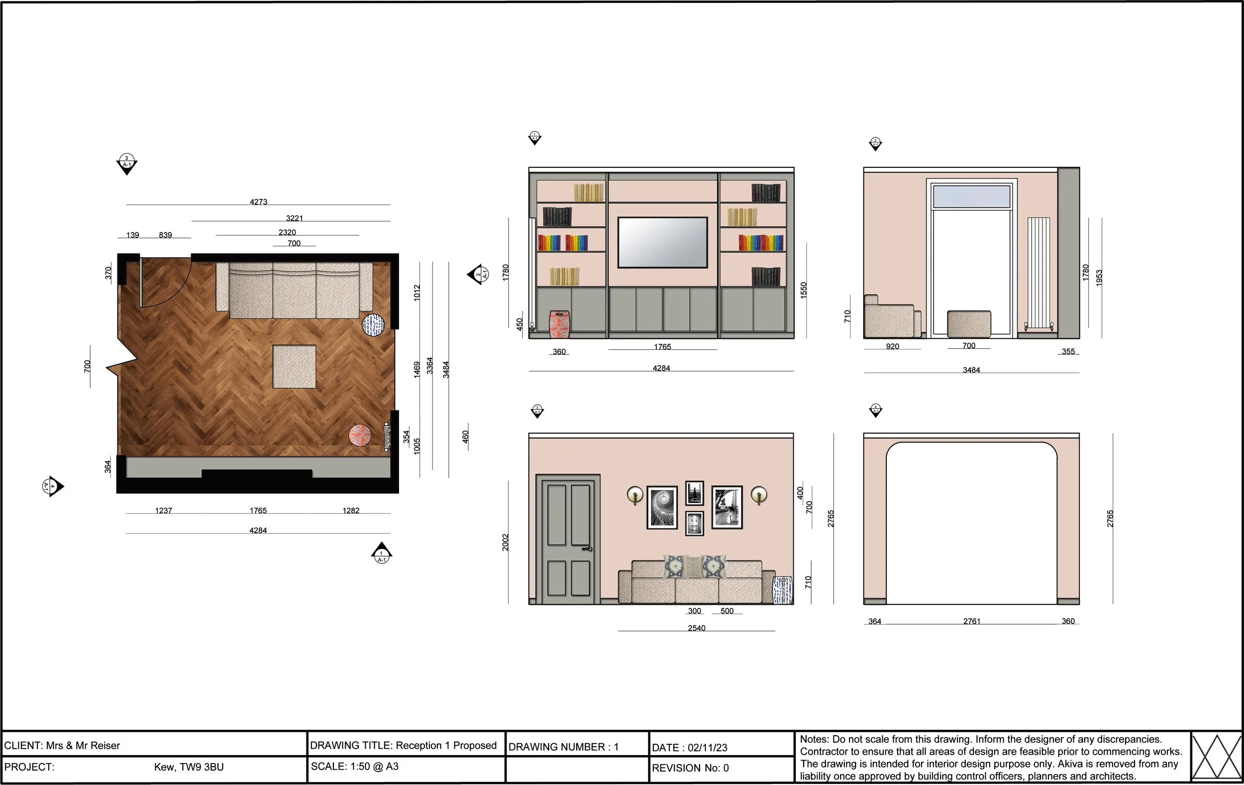 A floor plan of a living room with a sofa, a coffee table, a bookshelf, and a television. Additional details include dimensions and room layout.