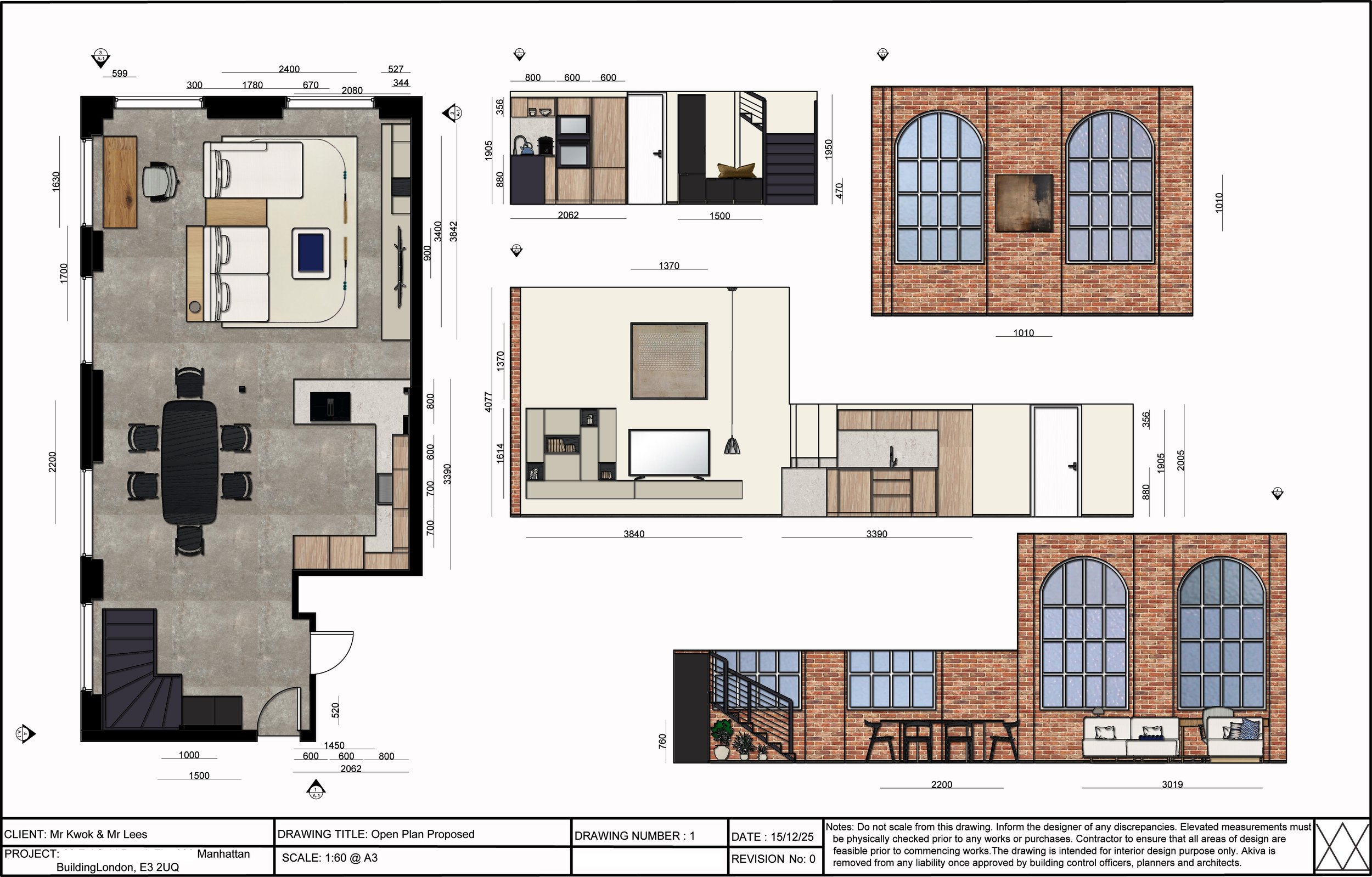 Architectural floor plan of a building with interior, exterior views and dimensions in technical drawings