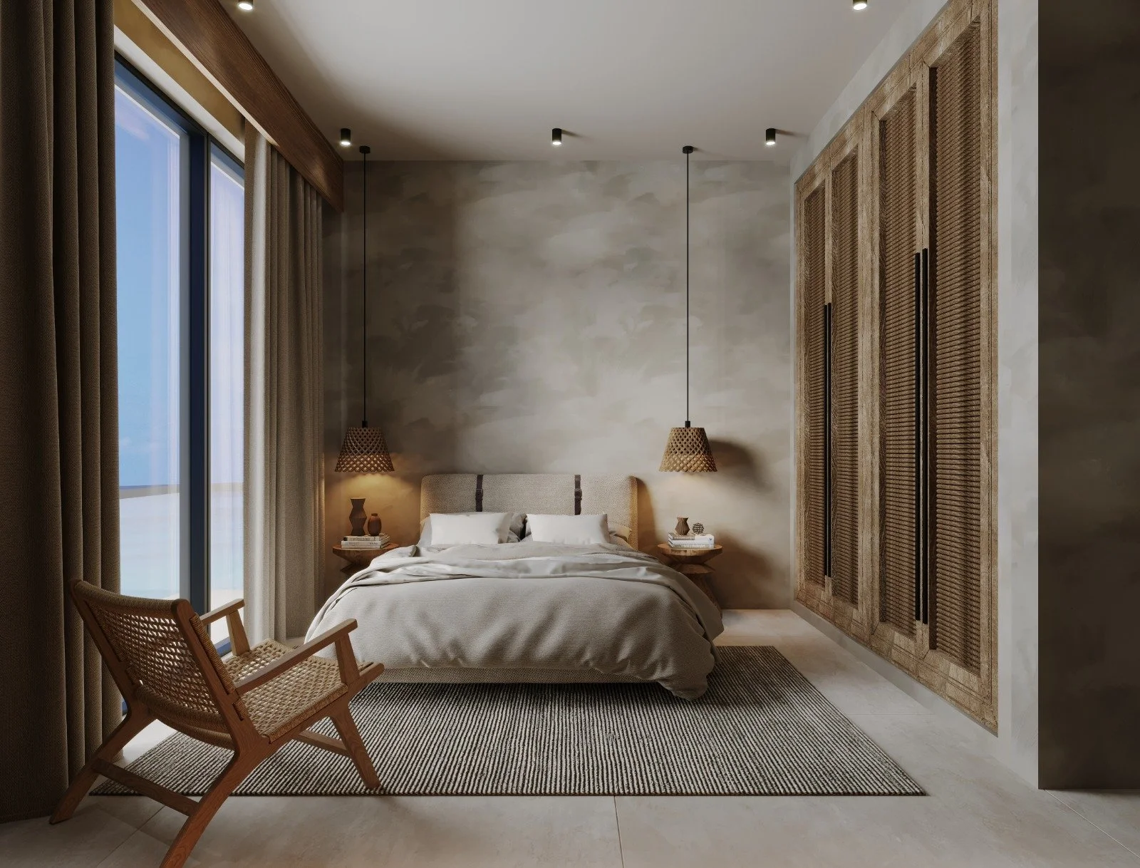 3D render of a bedroom with a microcement wall, woven pendant lights, a cane armchair and slatted timber wardrobes