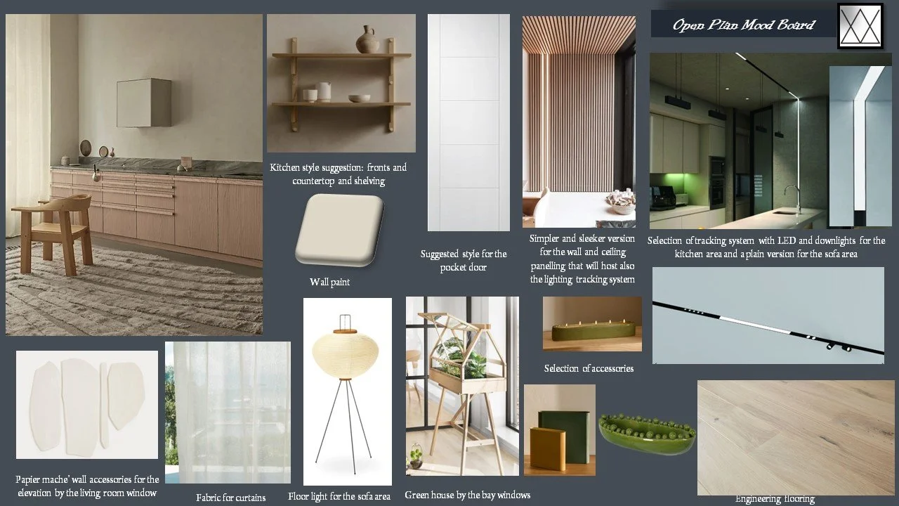 Interior with kitchen and living elements, wall decorations, shelves, lighting and decoration options, including kitchen fronts, doors, roof and wall panels, lighting, curtains, carpets, plants, and floor coverings.