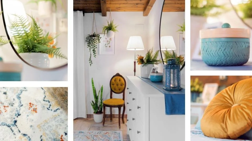 Ein gepflegtes Wohnzimmer mit weißem Möbelstück, Pflanzen, Lampen, einem Sitzstuhl mit gelbem Bezug und dekorativen Gegenständen.