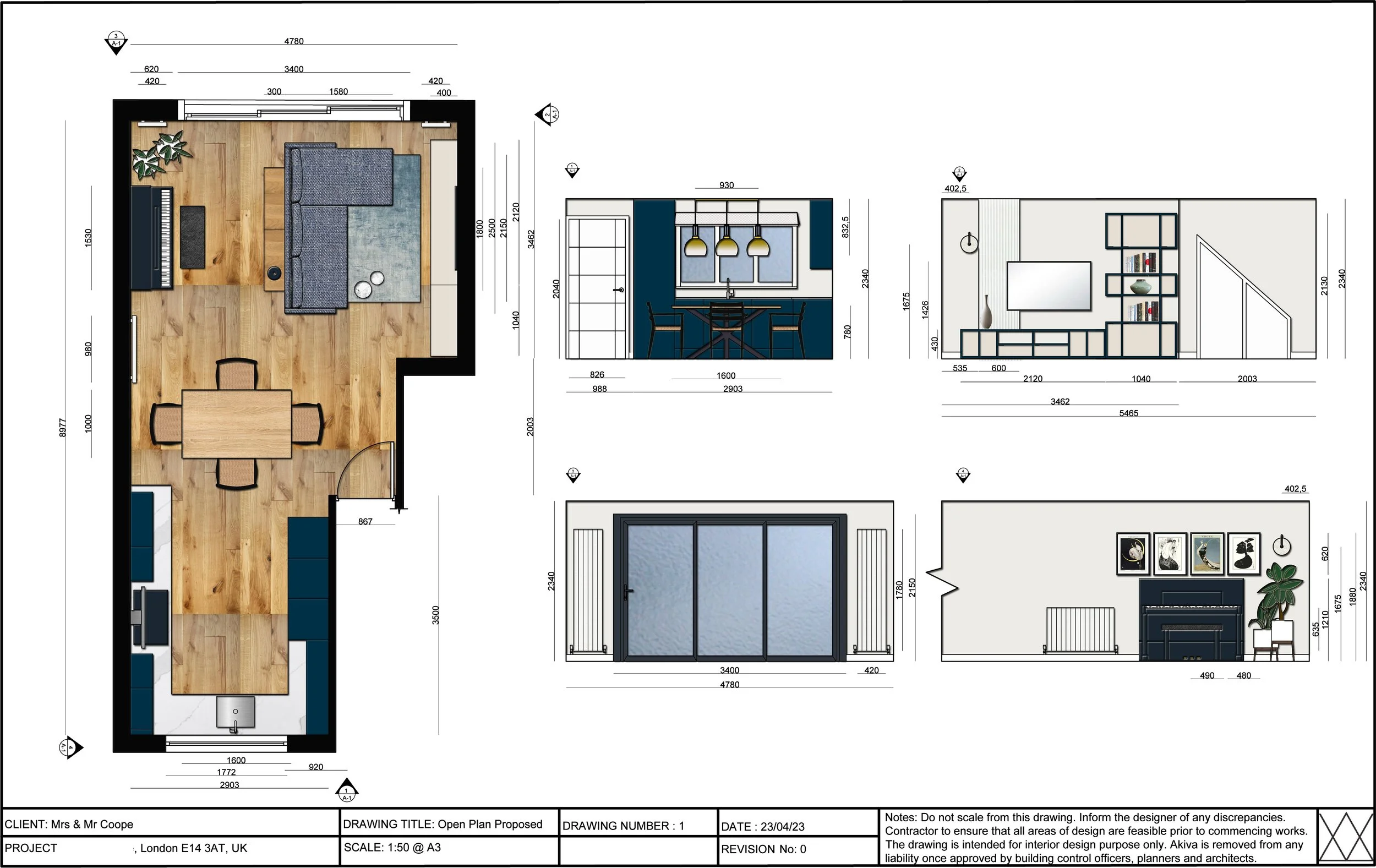 Architectural drawing of a living room floor plan, including furniture, windows and dimensions