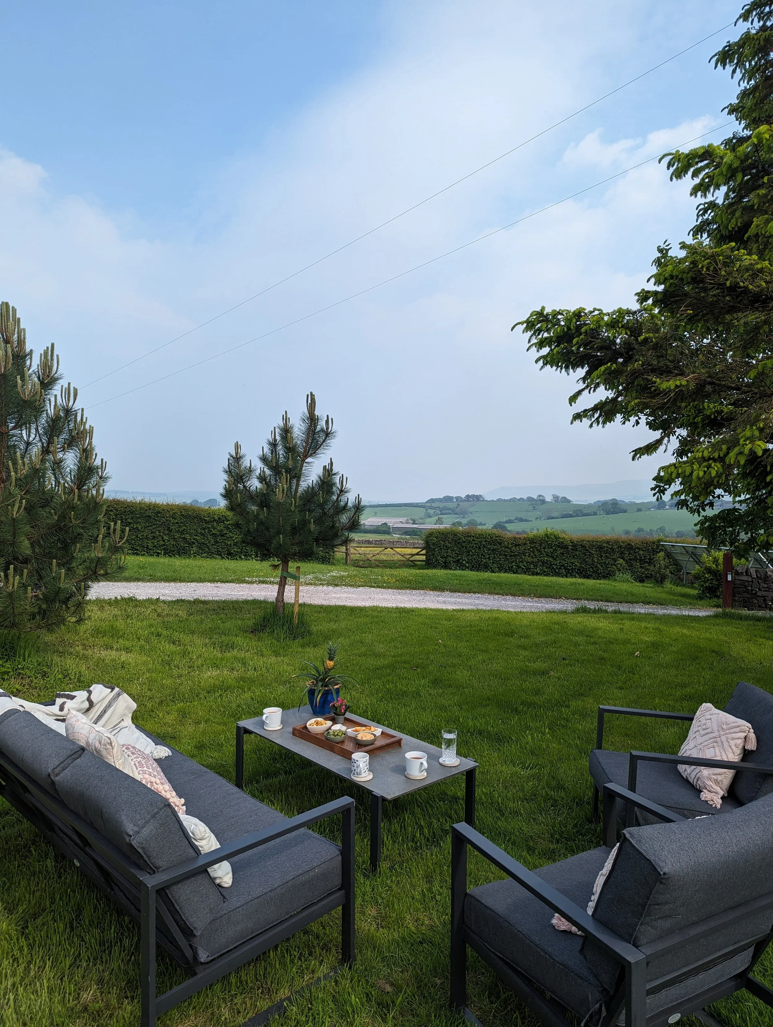 Outdoor seating area with two gray sofas and a small table on grass, featuring mugs, snacks, and a plant, against a backdrop of trees, a hedge, and a distant landscape.