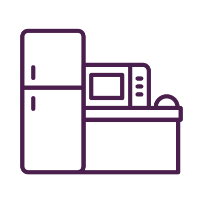 Line drawing of a refrigerator, microwave, and toaster on a kitchen counter.