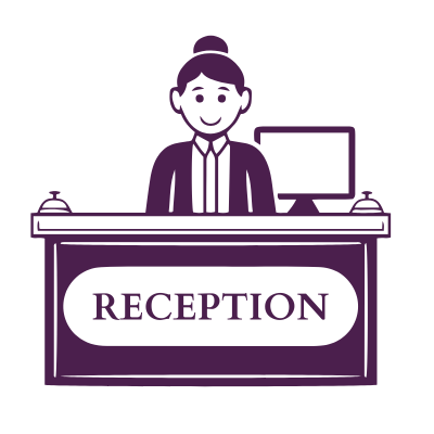Illustration of a reception desk with a smiling woman standing behind it, labeled 'RECEPTION'.