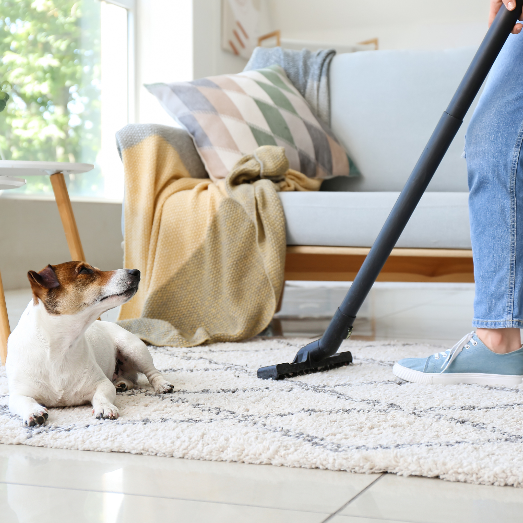 Cleaner providing pet-safe house cleaning while a dog relaxes nearby
