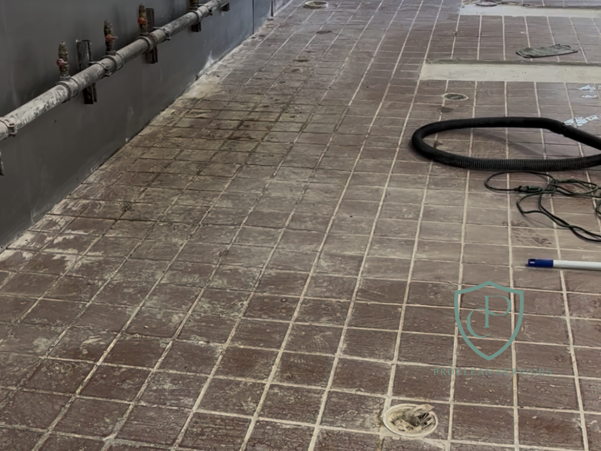 Commercial restaurant kitchen floor before post-construction cleaning in Brevard County, FL