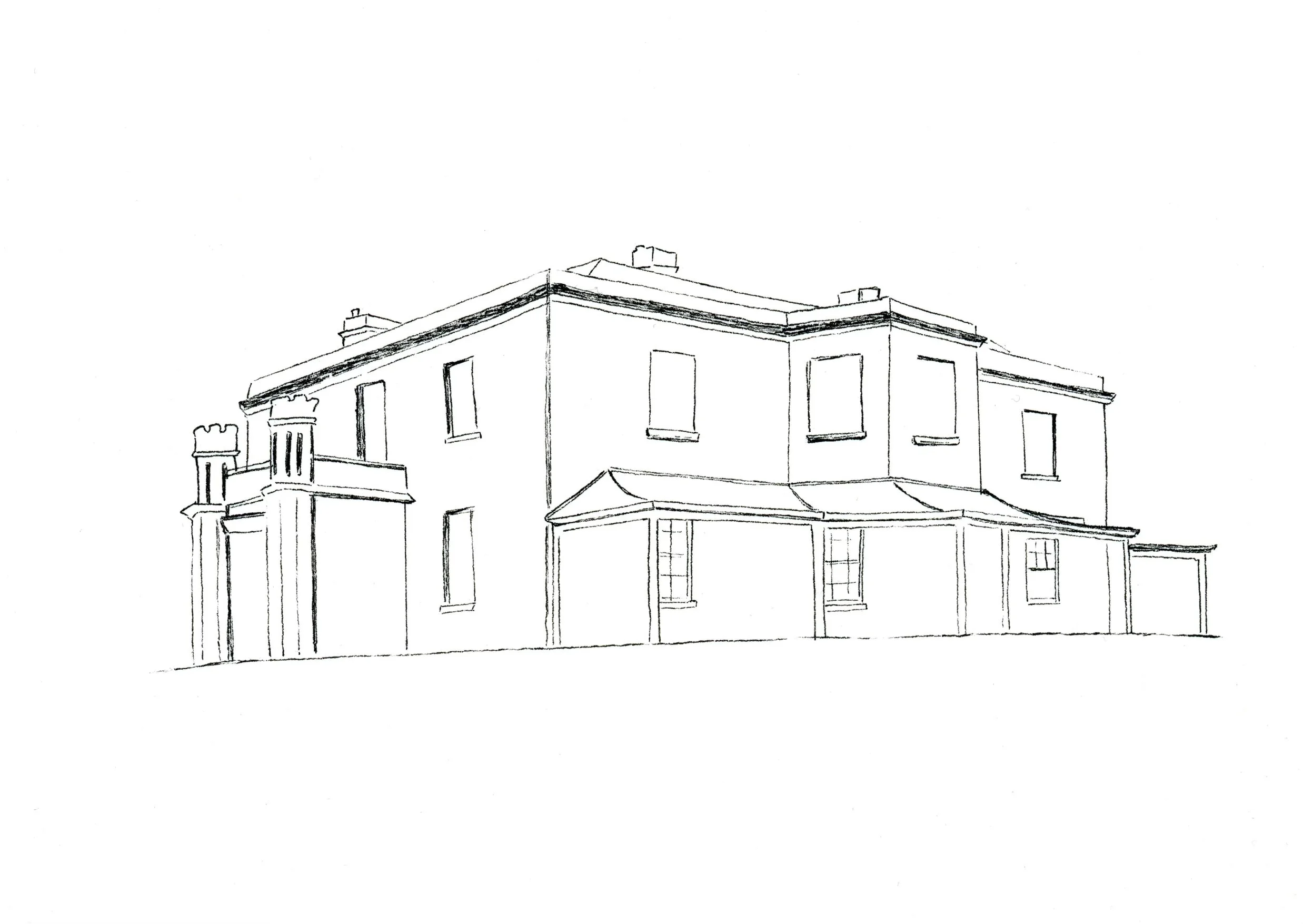 A line drawing of a large, multi-story house with multiple windows, a porch with columns, and a pitched roof.