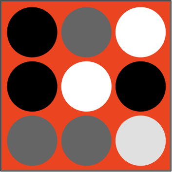 A 3x3 grid of circles with black, gray, and white colors on an orange background.