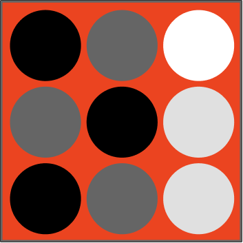 A tic-tac-toe board with circles in black, gray, and white on a red background.