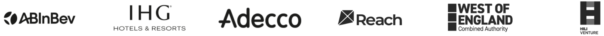 Logos of multiple companies including AB InBev, IHG Hotels & Resorts, Adecco, Reach, West of England Combined Authority, and Hilton Venture.