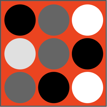 A tic-tac-toe grid with black, gray, and white circles on an orange background.