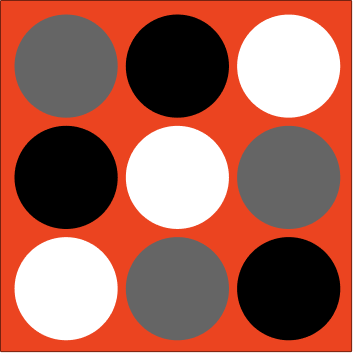A tic-tac-toe board with black, white, and gray circles on a red background.