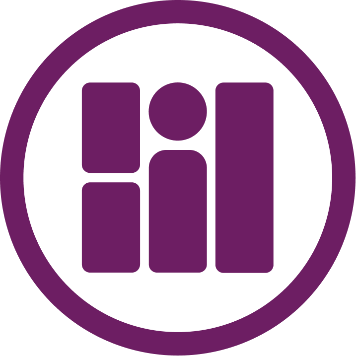 Purple icon of a person and ascending bar graph enclosed in a circle.