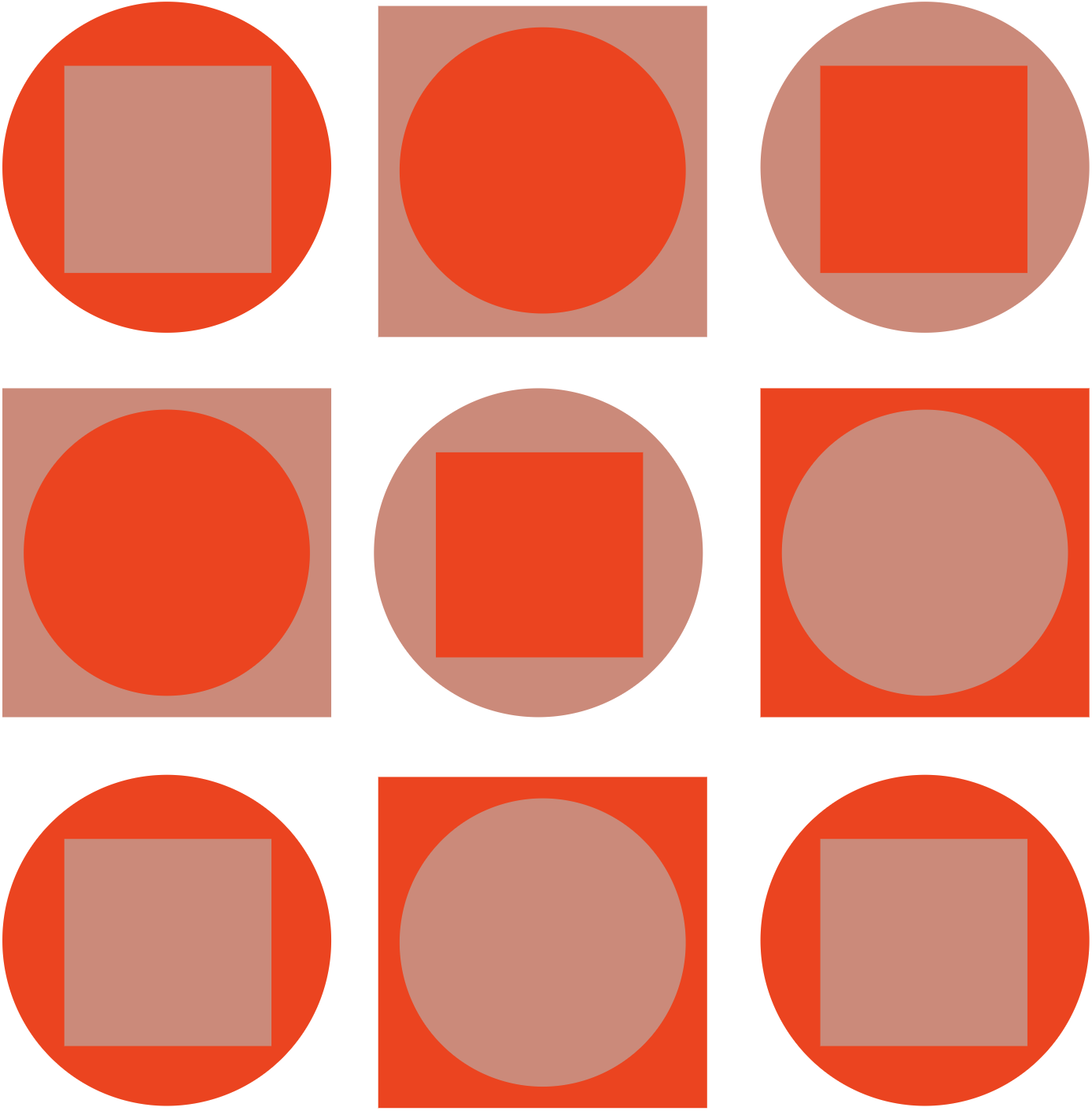 A pattern of nine geometric shapes arranged in a 3x3 grid. Each shape is either a beige square or circle placed on a red or beige circular or square background.