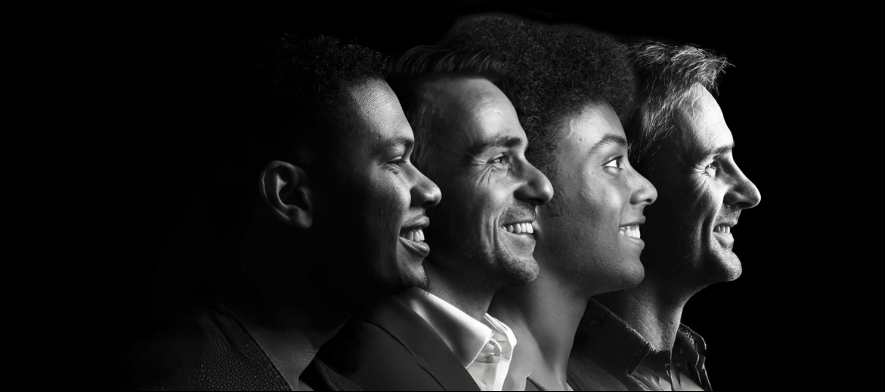 Smiling faces in profile, all looking to the right, forwards