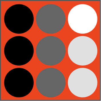 Six circles arranged in a grid pattern with a red background, alternating black, gray, and white colors.
