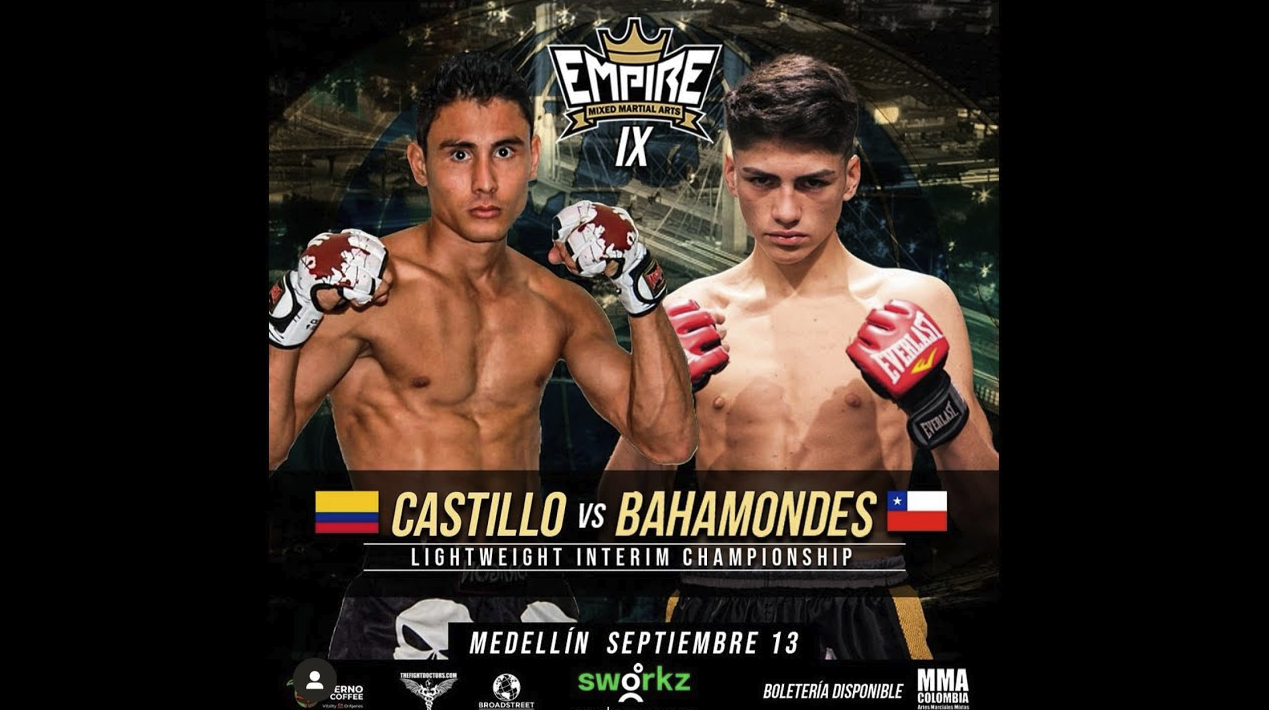 Promotional poster for a mixed martial arts fight between Castillo from Colombia and Bahamondes from Chile, scheduled for September 13 in Medellín.