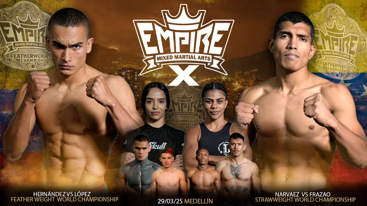 Promotional poster for a mixed martial arts event featuring fighters Hernandez, Lopez, Narvaez, and Frazao with the event date 29/03/25 in Medellín, showcasing fighters with determined expressions, some shirtless and others in athletic gear, against 