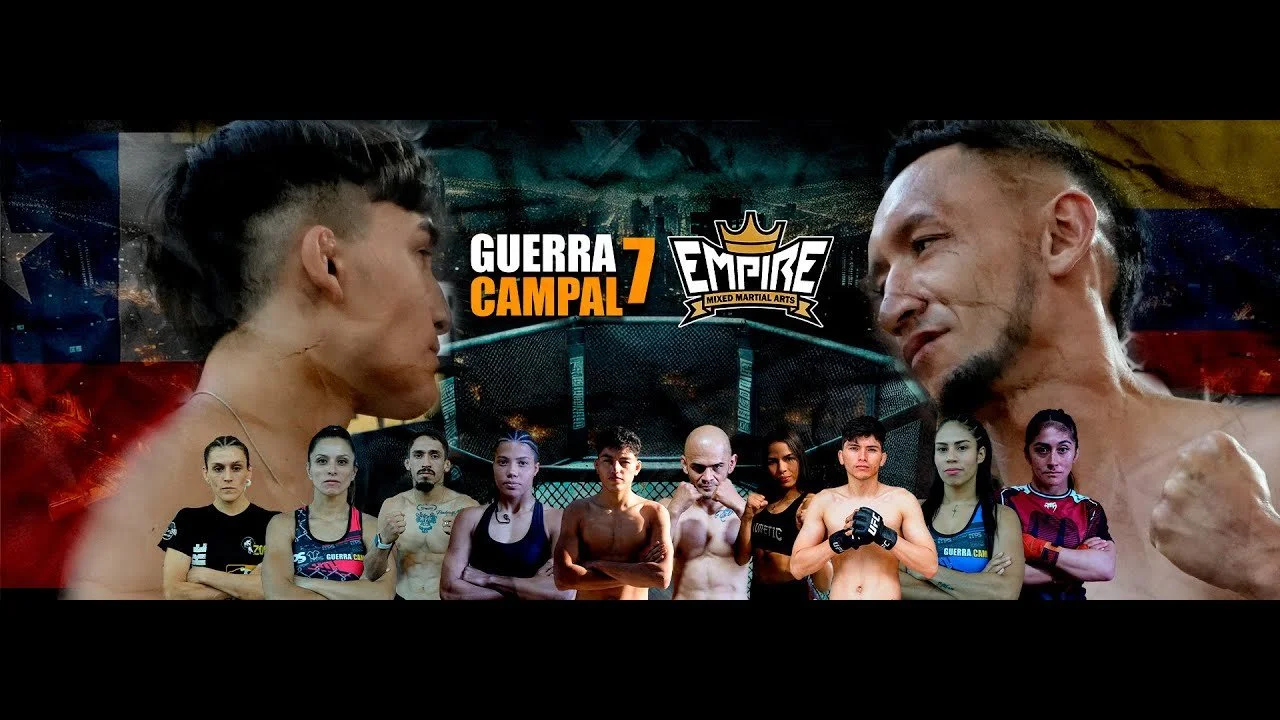 Poster for Mixed Martial Arts event Guerra Campal 7 featuring two fighters facing off in close-up with a cage in the background, surrounded by several fighters in various poses.