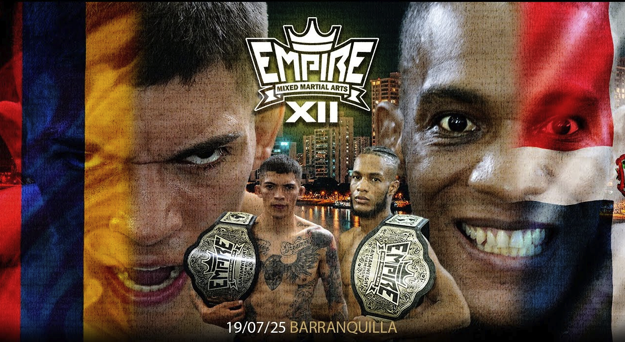 Promotional poster for EMPIRE Fighting XII featuring two men with championship belts, one with face paint resembling the Irish flag, and the other with face paint resembling the Mexican flag, with a cityscape background.
