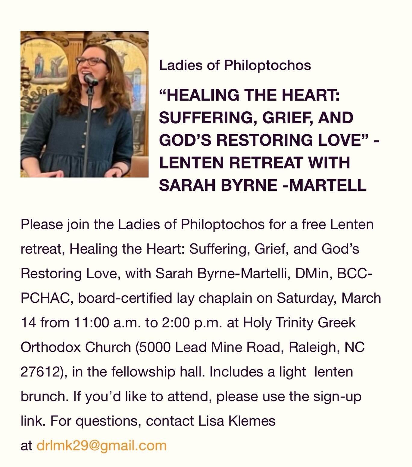 Last chance to register for the Philoptochos Women's Retreat on Saturday! Come hang with me in Raleigh NC at Holy Trinity Greek Orthodox Church. It'll be fun - and though the topic is somewhat serious, I promise the retreat will also be uplifting and