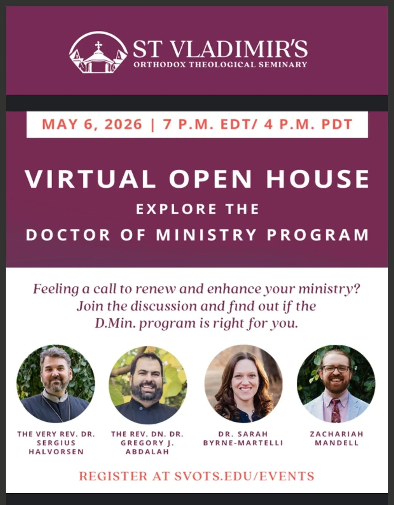 Hi all! I did my Doctor of Ministry at Saint Vladimir's in 2019 and now teach in the program. I would love to share my experience with you! It's a hybrid program intended for people who are actively working in ministry. I had a great experience. Spre