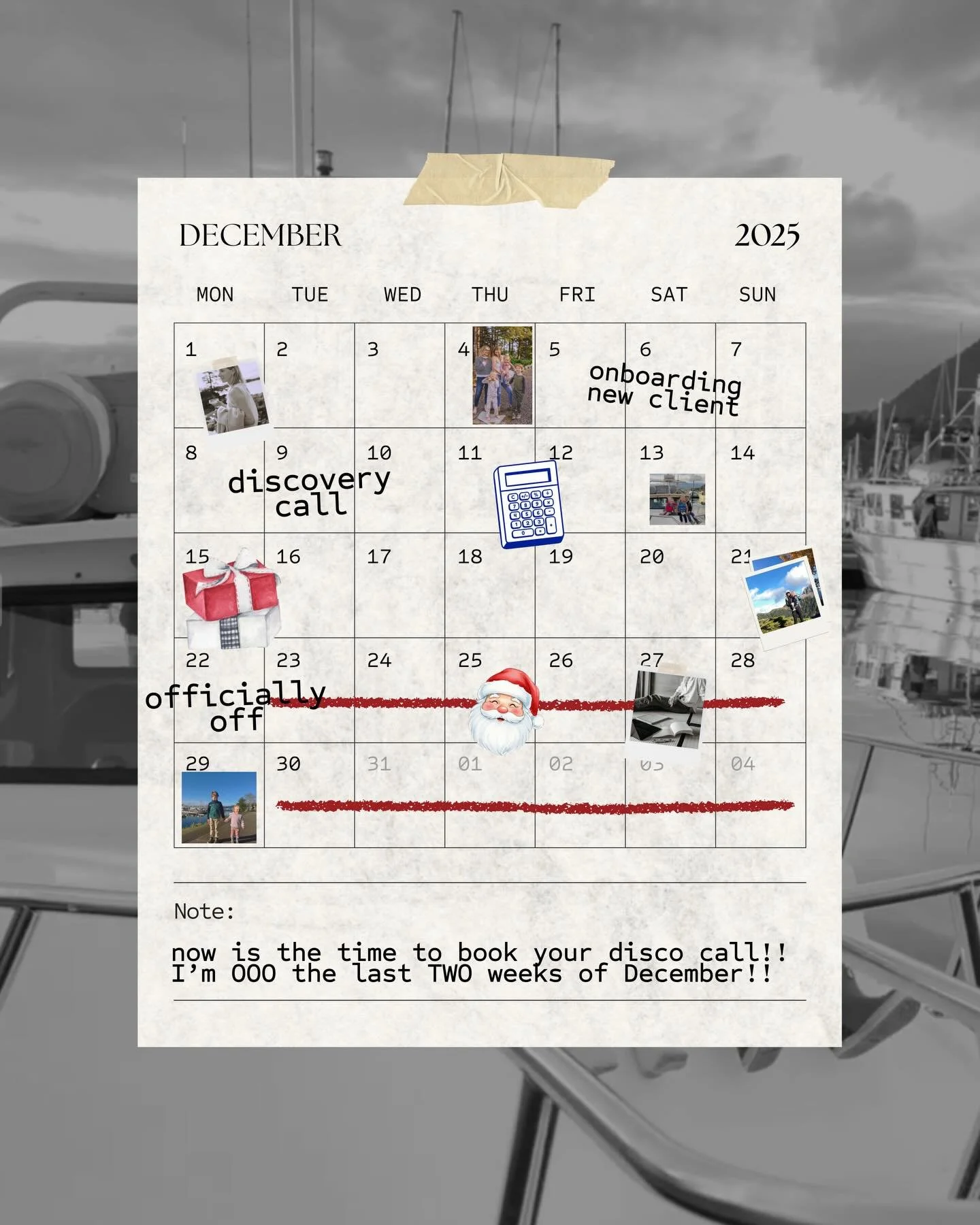 PSA 👀 I&rsquo;ll be OOO from December 22nd&ndash;January 6th to soak up as much slow, cozy family time as possible&hellip; no discovery calls, no inbox checking, just real rest with my kids.

A quick heads-up if you&rsquo;ve been considering working