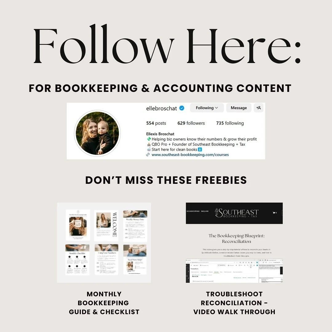 Hi friends - please follow me over at @ellebroschat for more bookkeeping tips &amp; accounting content. 

I just launched some freebies over here that you definitely don&rsquo;t want to miss! 

@southeastbookkeeping is going strong, but the Instagram