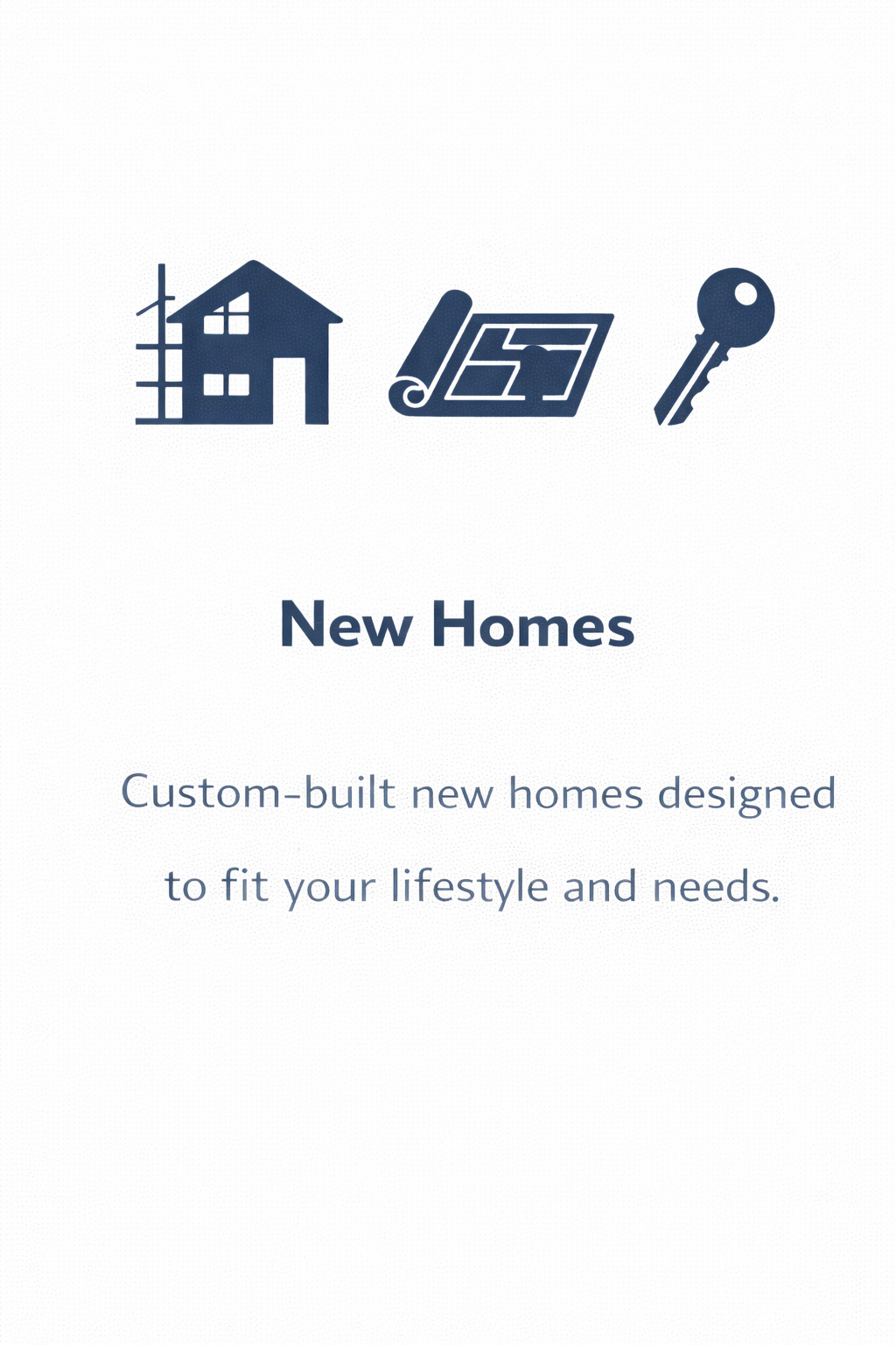 Icons of a house, blueprint, and key with text about new homes and custom designs.