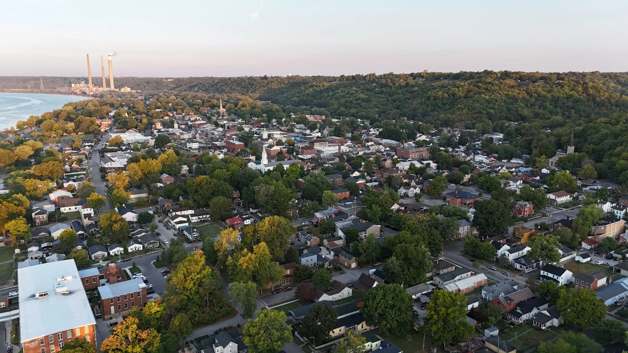 Aerial view of Madison Indiana along the Ohio River in Southern Indiana
