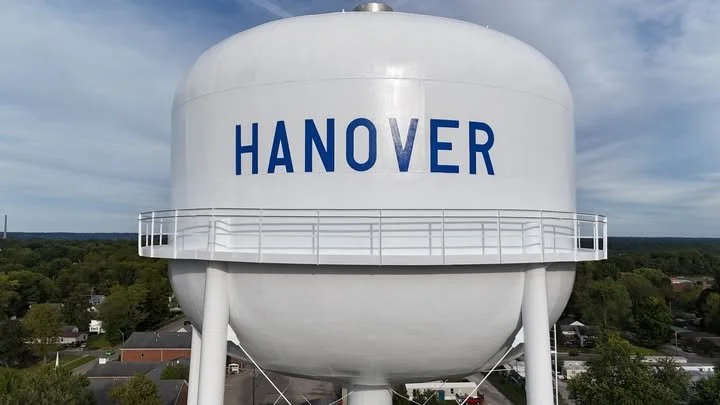 Hanover Indiana water tower representing Red Roofing service area in Southern Indiana