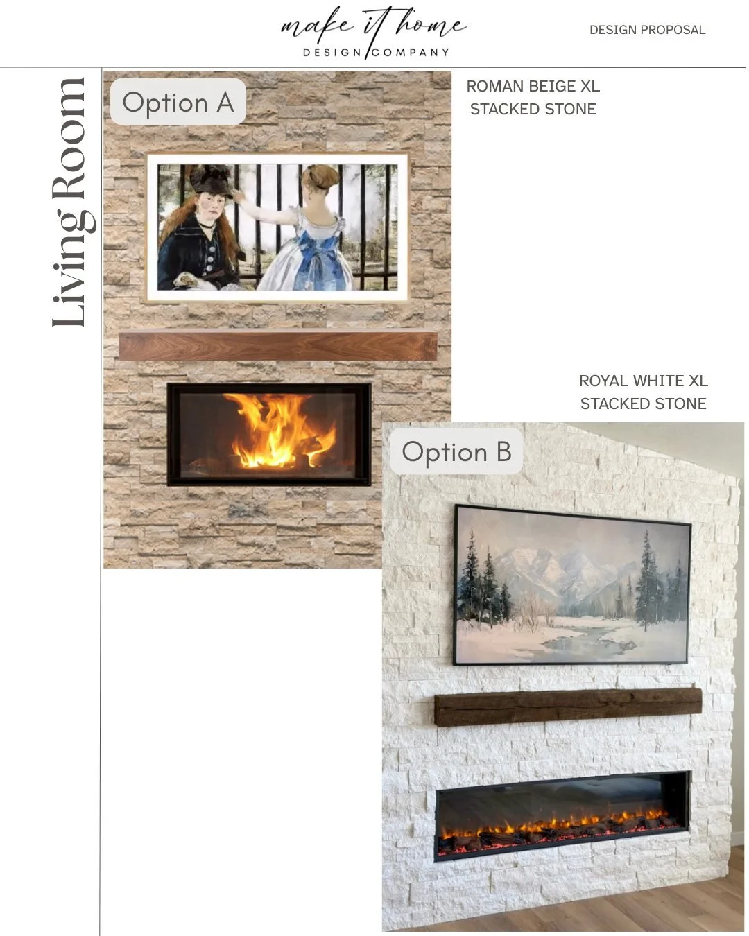Currently deep in the design phase of another upcoming project ✨

For this living room, we&rsquo;re choosing between two stone color options for the new fireplace surround. Same stacked stone. Two different shades. Totally different feel.

Pick your 
