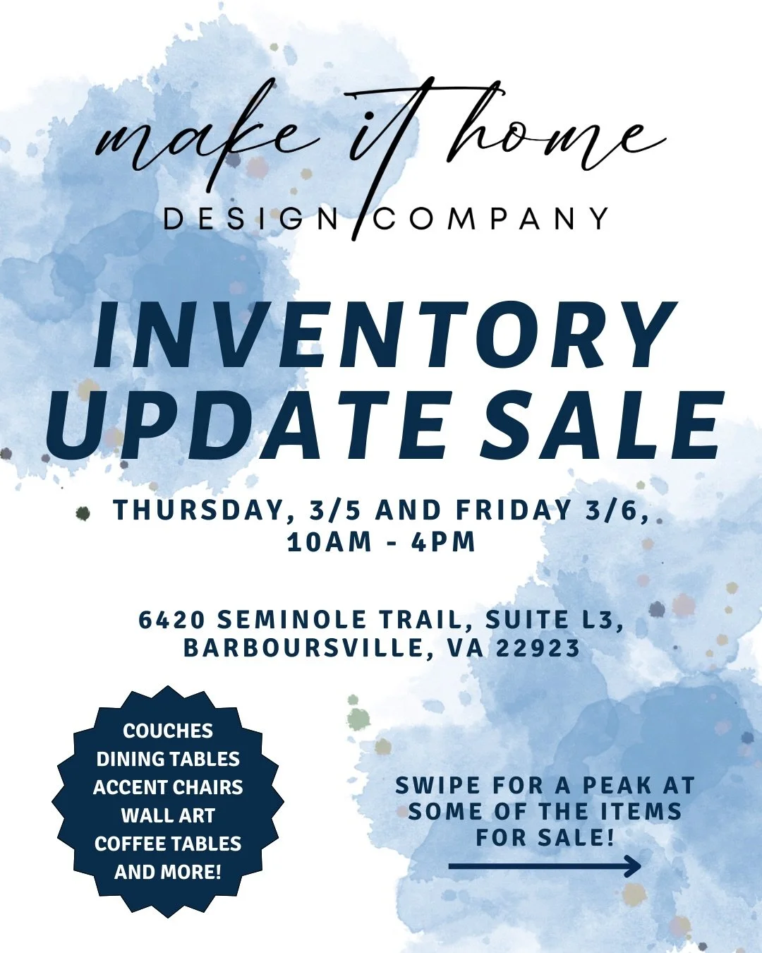 Inventory Update Sale

As part of our recent warehouse move, we&rsquo;re clearing out a portion of our staging inventory to make room for new pieces. We&rsquo;ll be offering a selection of furniture, decor, artwork, and accessories at discounted pric