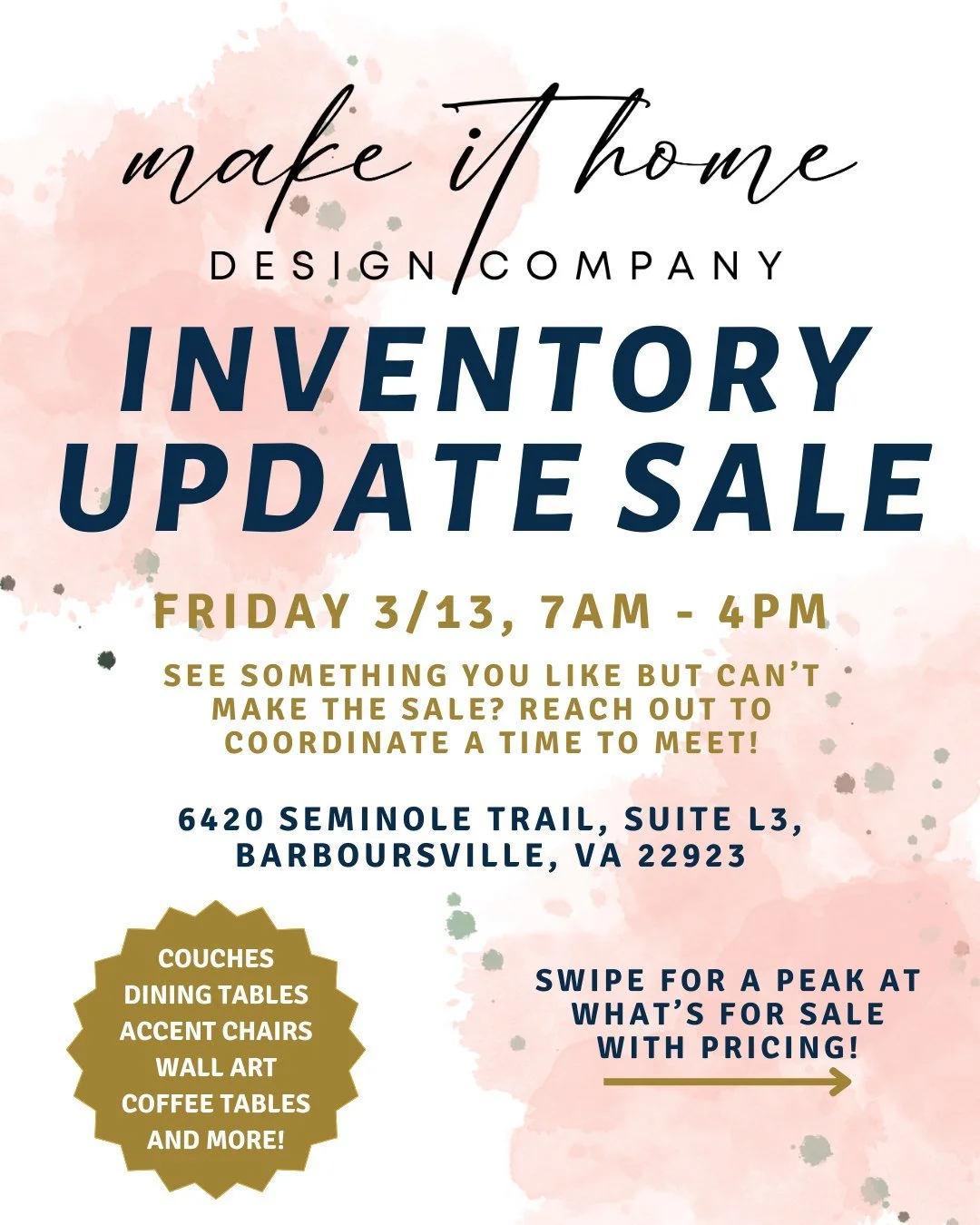 📣 Warehouse Sale - Updated Hours!

We&rsquo;re continuing our warehouse clean out as we update our staging inventory and make room for new pieces. Furniture, decor, artwork, accessories, and more will be available.

Here's a closer look at some of t