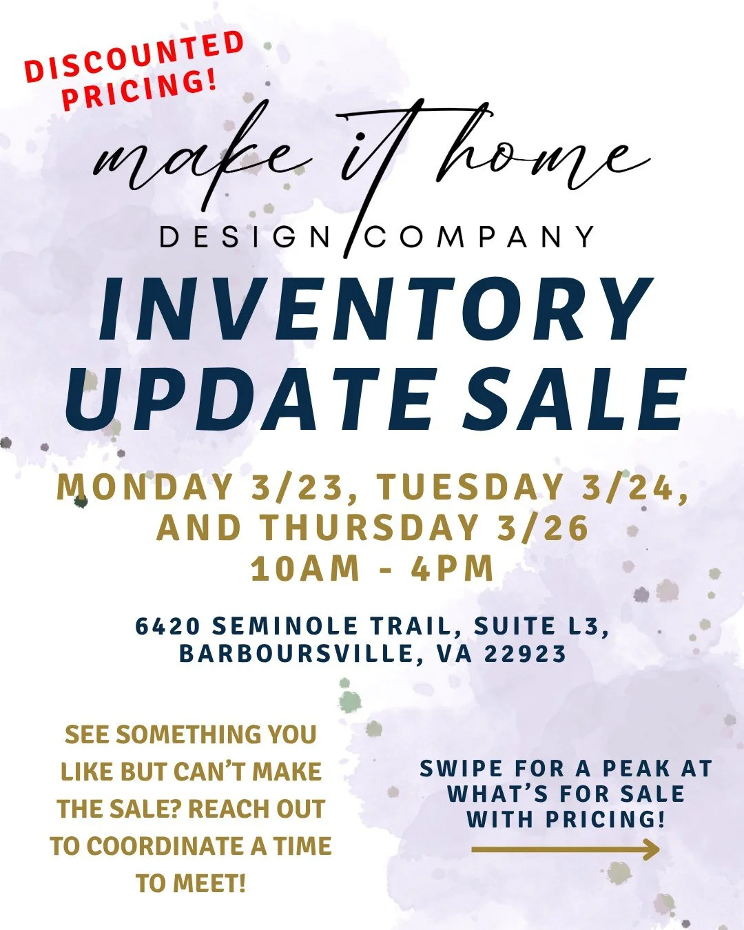 📣 Staging Inventory Sale - Discounted Pricing!

Our warehouse clean-out sale continues, now with reduced pricing. Swipe through to see what&rsquo;s available (prices included).

🗓 Monday 3/23, Tuesday 3/24 &amp; Thursday 3/26
⏰ 10am&ndash;4pm

Can&