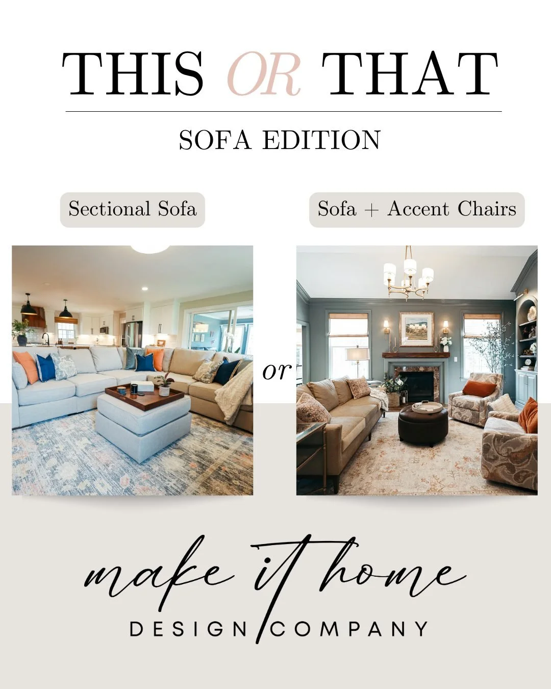 This or That: Sofa Style Edition 🛋️✨

One piece that does it all, or a more flexible setup?

Sectional sofa creates a cozy, all-in-one layout that&rsquo;s perfect for lounging and gathering.
Sofa + accent chairs offers a more open feel with added fl
