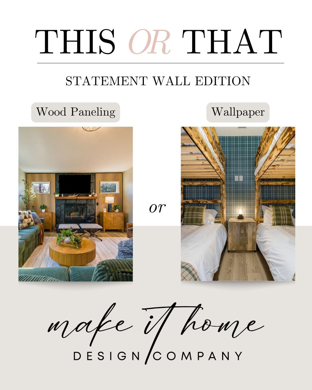This or That: Statement Wall Edition ✨

A bold moment can completely change the feel of a space.
Wood paneling brings warmth, depth, and architectural character with a more natural feel.
Wallpaper adds pattern, texture, and personality that instantly
